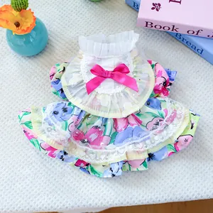 Floral pet dog dress with lace trim and pink bow in sweet pastoral princess style