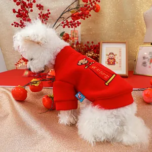 Detail of red pet hoodie featuring festive embroidery and Lucky Dog scroll design
