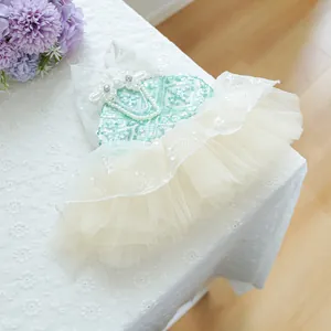 Vista dettagliata dell'abito per animali in paillettes verde menta con perle su pizzo.