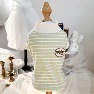 Detail of vintage striped pet turtleneck with retro patch and ribbed texture