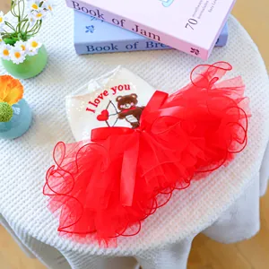 Detail of dog dress featuring teddy bear embroidery, red tulle skirt and satin bow
