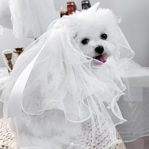 Elegant white pet wedding veil with pearls and satin ribbon for small dogs