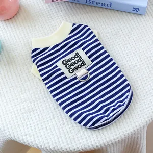 Blue and white striped dog vest featuring a metal D-ring and Good! Good! Good! patch