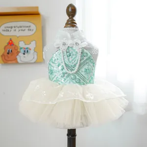 Vestito per animali domestici in paillettes verde menta con perle e tulle per cani piccoli