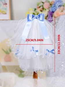 Size chart showing multi-layer white tulle pet wedding veil with blue bows and dimensions