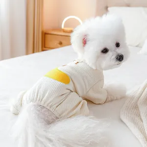 Combinaison en tricot côtelé blanc cassé avec patch jaune pour petit chien