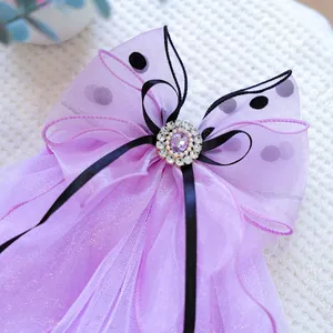 Detail of purple organza bow accessory with crystal centerpiece and black polka dots