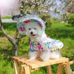Detailed view of floral pet dress with ruffled edges and matching lace sun hat for dogs