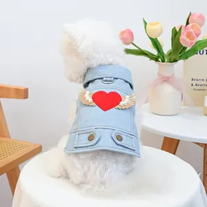 Cute dog denim vest with red heart and angel wings embroidery on white Pomeranian
