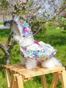Floral print dog dress and matching sun hat with lace trim on a small white dog