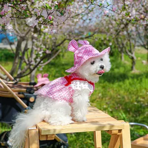 Pink plaid pet dress and rabbit ear sun hat on a small dog with cherry blossoms