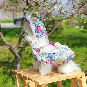 Close-up of cute floral pet dress with lace edges and matching sun hat for small dogs