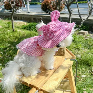 Close-up of pink checkered pet cape with lace trim and matching rabbit ear hat set