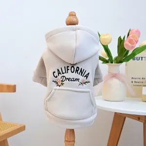 Light gray fleece dog hoodie with California Dream embroidery and floral patterns