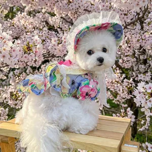 Floral pet dress and matching sun hat set on a white dog in a cherry blossom setting