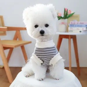 Close-up of grey striped knit cotton pet vest for small dogs and cats in a cozy home setting