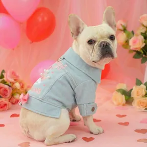 Dog denim jacket with Princess embroidery pearl details and bow for small pets