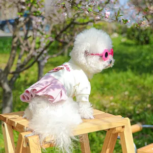 Dettaglio dell'abito tutu per cani con ricamo a orsetto e occhiali da sole a fiore rosa
