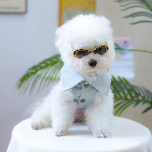 Κοντινό πλάνο Bichon με γυαλιά ηλίου λεοπάρ και μπλε τζιν γιλέκο για κατοικίδια