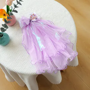 Detail of purple dog wedding veil with laser bow and iridescent sequin fish scale decor