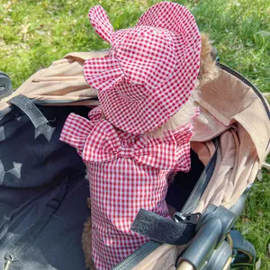 Detail of red and white plaid pet shirt with large bow and bunny ear sun hat for small dogs