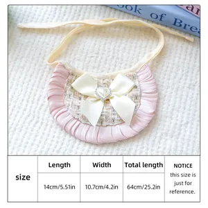 Size chart showing 14cm length pink tweed pet bandana with elegant ribbon and heart charm