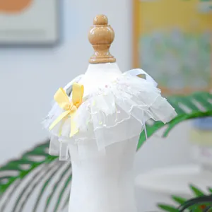 Détail du collier pour animaux en dentelle blanche avec nœud jaune et fils colorés
