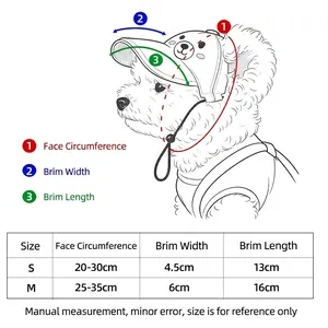 Size chart for pet baseball cap showing face circumference and brim measurements in cm