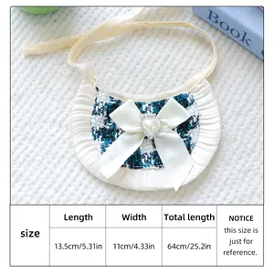 Detailed size chart for the elegant tweed pet bandana with white bow and heart pearl