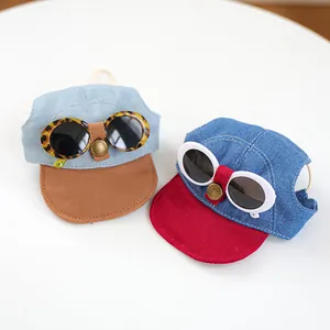 Stylish pet sun hat for cats and dogs with pilot glasses and denim baseball cap design