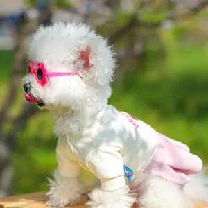 Dettaglio di un abito tutu per cani con ricamo HELLO e occhiali da sole a fiori