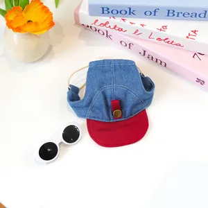 Blue denim pet baseball cap with red brim and white vintage sunglasses for dogs and cats
