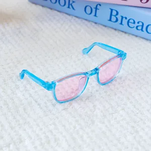 Detailopname van mini-huisdierbril met blauw montuur en roze lenzen voor honden
