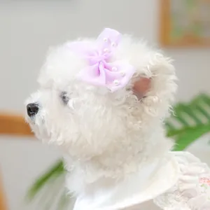 Détail d'un nœud en organza violet avec perles sur un chien en robe de dentelle blanche
