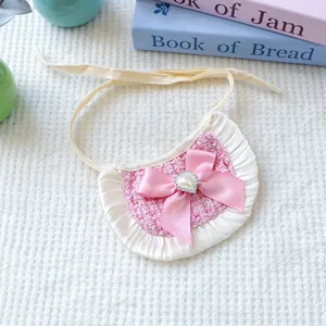 Pink tweed pet bandana with cream satin ruffle lace and large heart pearl bow detail