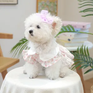 Robe de princesse fleurie pour animal avec dentelle blanche et bandeau à nœud perlé