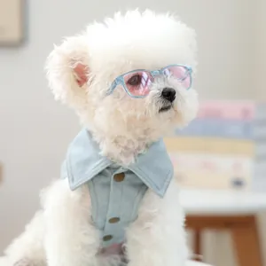 Detail van een witte hond met een blauwe bril en een spijkerhemd voor huisdieren
