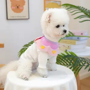 Cute pink and purple heart pattern pet bib on a white dog wearing a knit sweater
