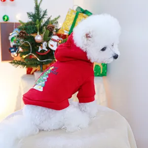 Red Christmas pet hoodie with Merry Christmas print and tree pattern for small dogs