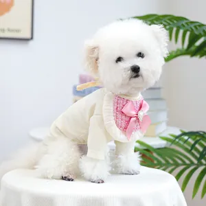 Close-up of pink tweed pet bib with white lace and heart pearl on a Bichon Frise