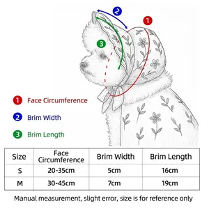 Detailed size chart for pet sun hat showing face circumference and brim measurements