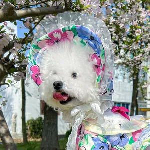 Floral pet sun hat and dress with lace trim and red bow on a small white dog