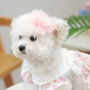 Barrette à nœud rose en mousseline et ensemble robe à fleurs pour petits chiens