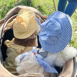 Stylish plaid pet dresses with matching sun hats for small dogs on outdoor grass