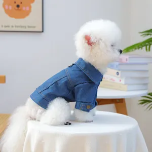 Cute dark blue denim dog jacket with metal D-ring for small pets like Bichon