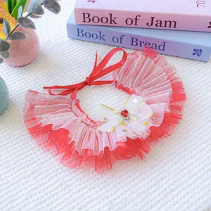 Détail d'un bavoir pour animaux avec bijou cœur rouge et nœud à motifs cœur doré