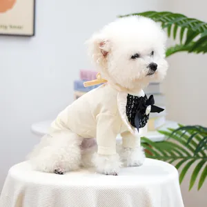 Close-up of cream ribbed pet shirt with tweed bow tie bib on a white Bichon dog