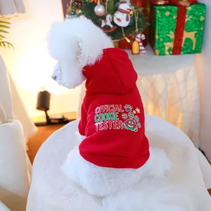 Macro view of Christmas pet hoodie with Official Cookie Tester print and ginger man