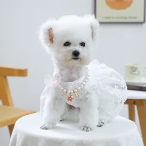 Détail de robe en dentelle blanche pour animaux avec nœud rose et collier de perles