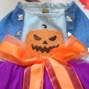 Detailopname van Halloween huisdierjurk met pompoenborduurwerk en paarse tule rok